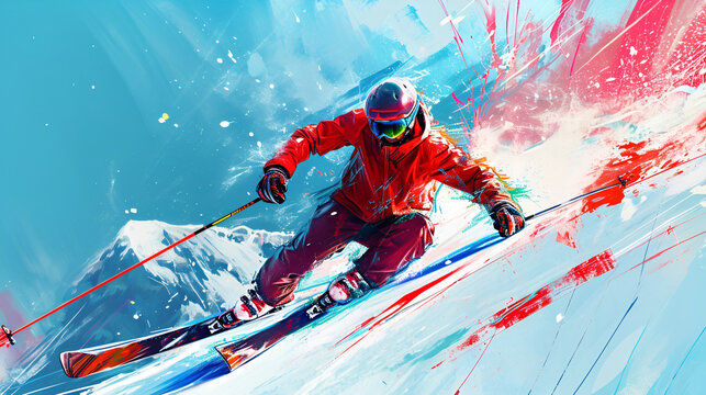 skier on the slope with a focus on a dynamic stride, energy and motion, vibrant colors, abstract background 