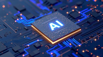 High technology electronic computer circuit board with the letters AI (Artificial Intelligence) printed on the microchip. Generative AI