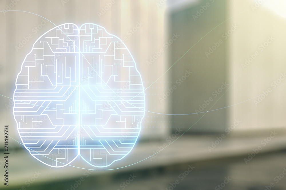 Aufkleber double exposure of creative artificial intelligence interface on modern business center exterior bac