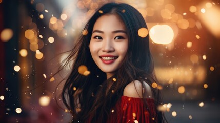Asian woman celebrating new year eve on a blurred holiday background