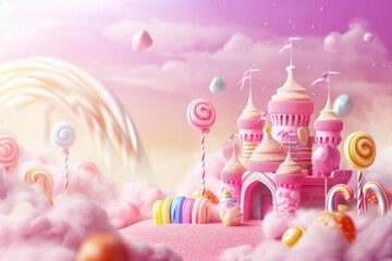 a fantasy retreat with a pink castle set against a cotton candy landscape with lollipops
