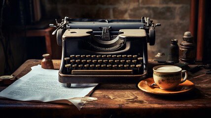 Fototapeta na wymiar Typewriter and cup of coffee on a desk.
