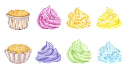 Rainbow sweet muffins. Banner set multicolored cupcakes. Sweet whipped cream desserts. Food clipart. Hand drawn watercolor illustration isolated on white background.