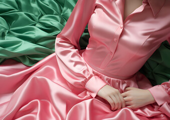 A young woman in a pastel pink satin dress from the fifties, sitting on a shiny green bedspread, retro nostalgia fashion trend.