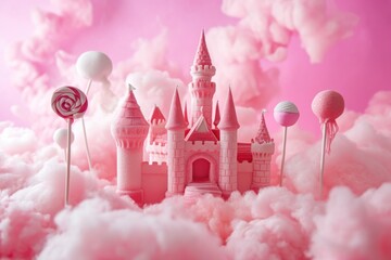 a whimsical pink castle realm surrounded by a landscape of sugary clouds, creating an ethereal and enchanting illustration