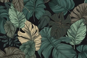 Seamless tropical pattern with vintage dark leaves, palm, and colocasia. Hand-drawn design for wallpapers, fabric printing, and goods. Generative AI