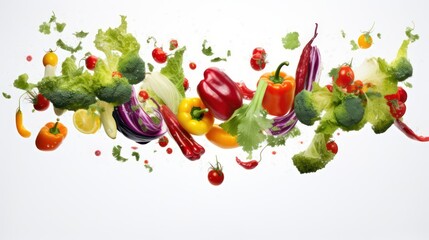 Organic fresh vegetables, tomatoes, peppers, broccoli, eggplant, chili, on a white background.