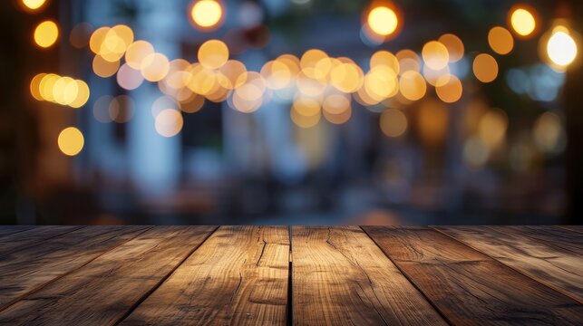 Image of wooden table in front of abstract blurred restaurant lights background.      
