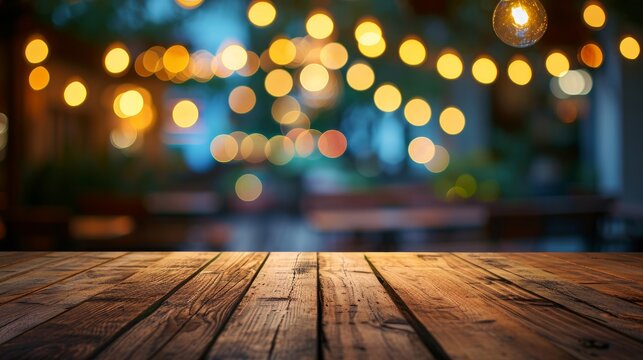 image of wooden table in front of abstract blurred restaurant lights background    