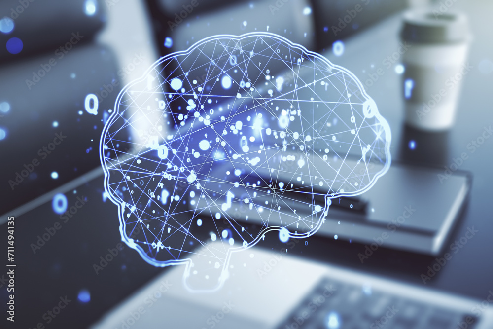 Aufkleber creative artificial intelligence concept with human brain sketch on modern computer background. doub