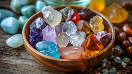 Naklejka premium Kit of crystals for meditation. Healing crystals full of energy. Awaken spiritually. Precious stones for spiritual healing ritual. Practicas de reiki y medicinas alternativas 