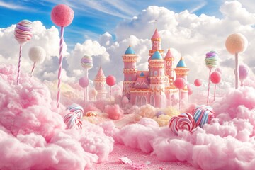 a palace paradise on a cotton candy landscape, with a pink castle surrounded by sugary clouds and dreamy pastel colors