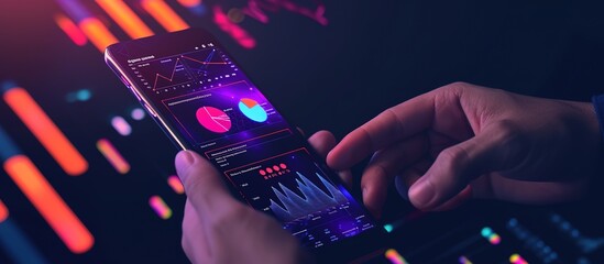 Futuristic smartphone interface display - detailed visualization of advanced mobile technologies with graphs and data analysis