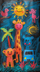 Safari adventure with jeeps and wild animals with chalk by Generative AI.