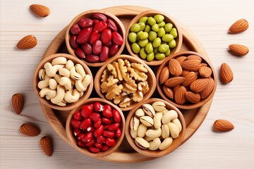 Assorted nuts in wooden bowl. Healthy snack. walnuts, pistachios, almonds, hazelnuts and cashews