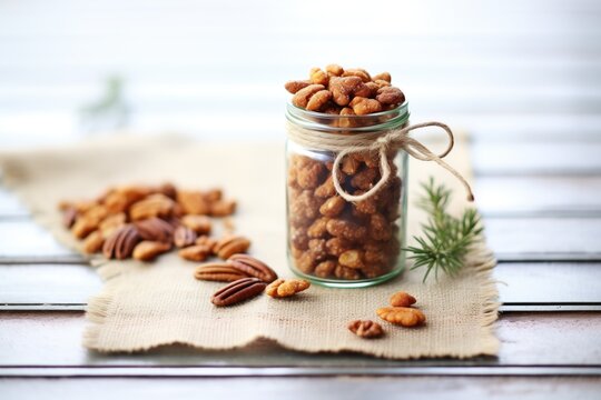 spiced nuts in a jar on a burlap cloth