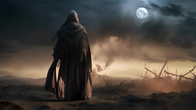 A formidably tall figure dd in a tattered cloak decorated with bone fragments and spider webs looming ominously against a starless sky.