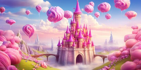  a sweet fairy tale pink castle nestled in a magical cotton candy landscape, with swirling clouds...