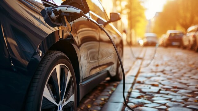 Modern electric car during charging, macro shot, wide header,     