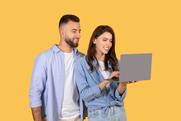 Happy couple using laptop together on a yellow backdrop