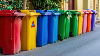 Colorful Row of Recycling Bins Lined Up for Waste Separation.