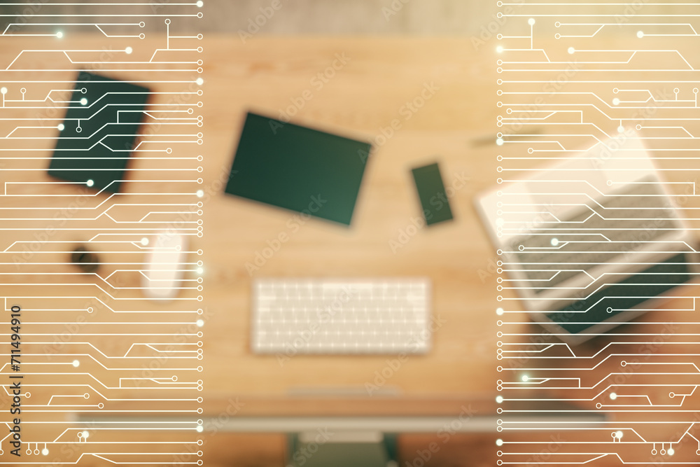 Leinwandbilder creative abstract micro chip hologram on modern computer background, artificial intelligence and mac