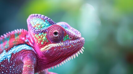 Pink colored chameleon close up   