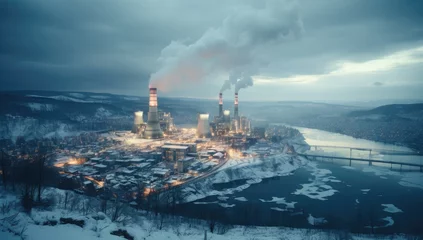  A wintry landscape surrounds a factory, its smoke blending with the clouds in the sky, a symbol of man-made progress against the backdrop of nature's beauty and power © Gaga AI