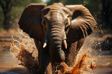 A majestic asian elephant charges through the sparkling water, its powerful trunk raised in a triumphant display of strength and grace on its african safari adventure