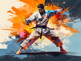 Naklejka premium Silhouette of taekwondo warrior in a dojo clash in a Taekwondo outfit. Olympic Games in Paris 2024. Taekwondo. Olympic sports. Generative AI