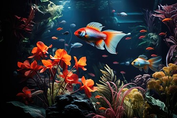 A vibrant goldfish glides through a tranquil underwater world, surrounded by lush orange flowers and shimmering coral in its freshwater aquarium
