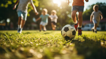Children Playing Soccer at Sunset, dynamic scene of children playing soccer on a grassy field, captured in the glowing light of the setting sun - Powered by Adobe