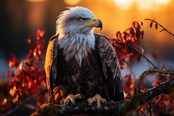 A majestic bald eagle perches upon a sturdy branch, its fierce beak and piercing gaze reflecting the untamed beauty of the great outdoors