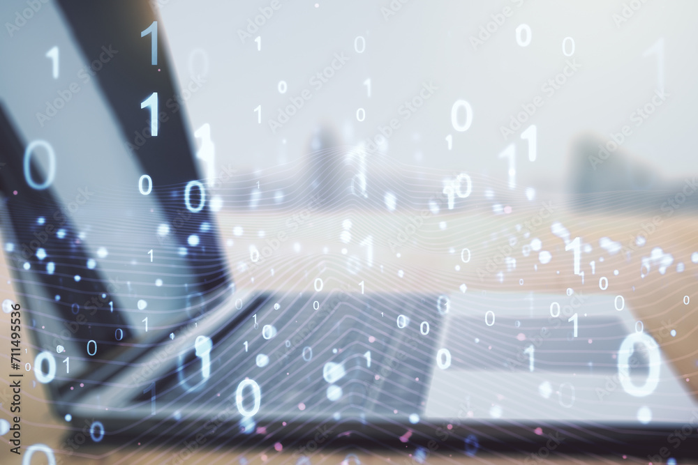 Aufkleber Creative concept of binary code illustration on modern laptop background. Big data and coding concept. Multiexposure