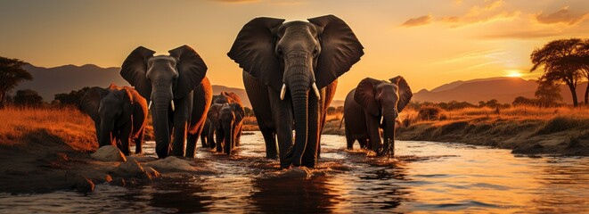 As the sun rises or sets over the serene landscape, a majestic herd of elephants stands tall in the shimmering water, embodying the untamed beauty of nature and the enduring strength of these gentle  - obrazy, fototapety, plakaty