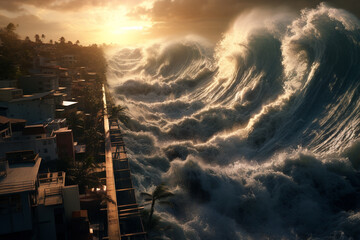 illustration of huge tsunami waves and coastal city. Created with Generative AI
