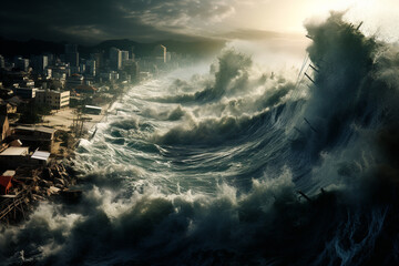 illustration of huge tsunami waves and coastal city. Created with Generative AI - obrazy, fototapety, plakaty
