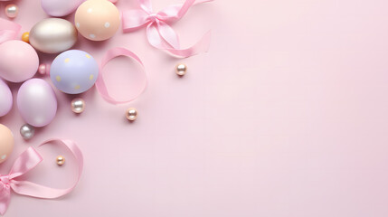 An easter card with pastel eggs, pastel background, top view,space for text, Isolated. wallpaper and background.