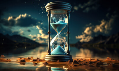 Surreal hourglass with ocean waves trapped inside, symbolizing time, nature's cycles, environmental conservation, and the fleeting essence of life - obrazy, fototapety, plakaty