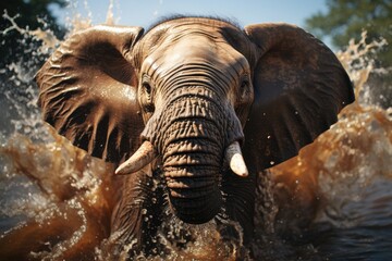 A majestic indian elephant gracefully glides through the tranquil waters, showcasing its impressive tusks and embodying the beauty of wildlife in its natural habitat