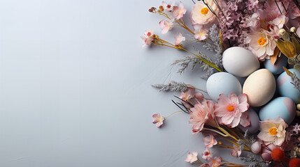 Obraz na płótnie Canvas Magic Easter Landscape, eggs inside flowers, Happy Easter. Congratulatory easter background, gentle pastel colours, copy space, Spring flowers and easter egg with white background, celebration