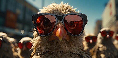 A cool and confident bird rocks a pair of stylish sunglasses as it soars through the sunny sky, ready for any outdoor adventure - Powered by Adobe