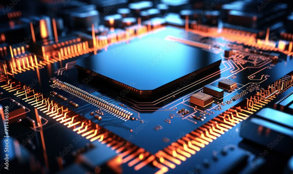 Poster high-tech microprocessor chip on a motherboard, a concept of advanced technology, computing power an