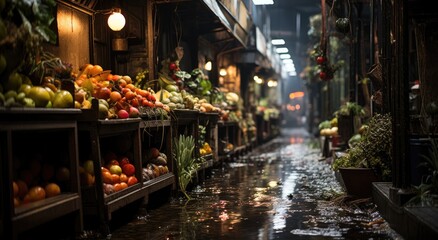 A bustling marketplace, illuminated by the city lights, overflows with an abundance of fresh produce, inviting locals to indulge in the natural and whole foods offered by greengrocers and traders at 