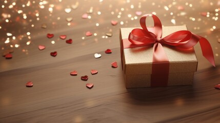 Obraz premium Beautiful golden glitter gift box with red ribbon on light wooden table against blurred festive lights, round bokeh, Valentine's theme, copy space for text.