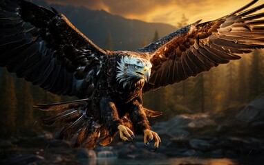 A majestic bald eagle soars through the vast blue sky, its powerful wings spread wide and its sharp beak poised for a hunt, embodying the untamed spirit of nature