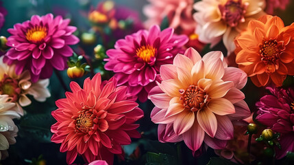 A vibrant tapestry of full-bloom dahlia flowers, their radiant petals showcasing nature's palette in a dazzling array of pinks and oranges