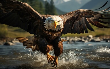 A majestic bald eagle gracefully soars over a serene river, its sharp beak and stunning feathered wings capturing the beauty of nature and freedom - obrazy, fototapety, plakaty
