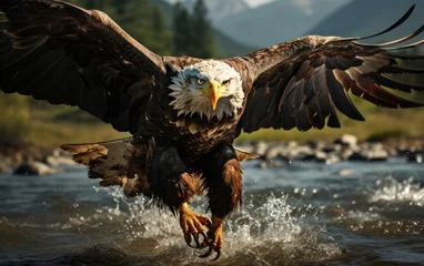 Foto auf Leinwand A majestic bald eagle gracefully soars over a serene river, its sharp beak and stunning feathered wings capturing the beauty of nature and freedom © familymedia