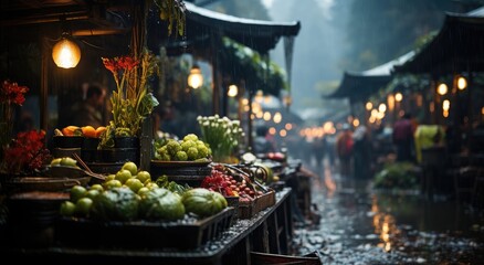 Under the warm glow of streetlights, a bustling outdoor market comes alive with vibrant flowers,...